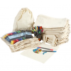 Henkel-Stofftaschen und Zugband-Stoffbeutel mit Filzstiften zum Bemalen, Größe 27,5x30 cm, Sortierte Farben, 1 Set