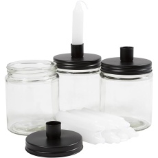 Deckelgläser mit Kerzenhalter und Kerzen, H 15 cm, D 9.5 cm, Größe 15 cm, 6 Set/ 1 Pck