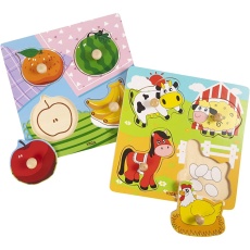 VIGA Laubsäge-Puzzle aus Holz mit Griff, Obst und Bauernhoftiere, Größe 22x22 cm, 2x4 Stücke, 2 Teile/ 1 Set