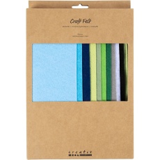 Bastelfilz, A4, Blatt 210x297 mm, Dicke 2 mm, Harmonie in Blau-Grün, 10 Stk/ 1 Pck