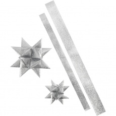 Papierstreifen für Sterne, L 86+100 cm, B 25+40 mm, D 11,5+18,5 cm, Glitter silber, 16 Streifen/ 1 Pck