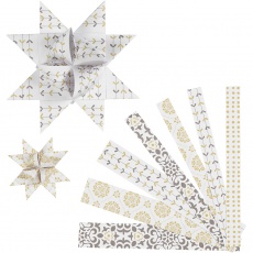 Papierstreifen für Fröbelsterne, L 44+78 cm, D 6,5+11,5 cm, B 15+25 mm, Gold, Weiß, 48 Streifen/ 1 Pck