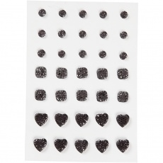 Strasssteine, rund, quadratisch, herzförmig, Größe 6+8+10 mm, Schwarz, 35 Stk/ 1 Pck