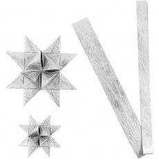 Papierstreifen für Flechtsterne, L 44+78 cm, D 6,5+11,5 cm, B 15+25 mm, Silber, 32 Streifen/ 1 Pck