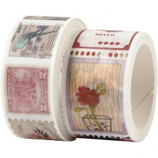 Washi Tape, Briefmarken- und Blumenmotive, L 3+5 M, B 20+25 mm, 2 Rolle/ 1 Pck