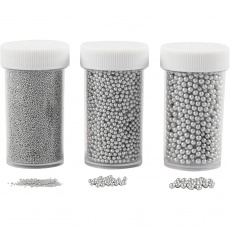 Mini Beads - Sortiment, Größe 0,6-0,8+1,5-2+3 mm, Silber, 3x45 g/ 1 Pck