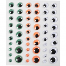 Wackelaugen, selbstklebend, D 6+8+10+12+15 mm, Grün, Orange, Weiß, 54 Stck., 1 Bl.