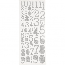 Sticker mit Glitter, Zahlen, Blatt 10x24 cm, Silber, 2 Bl./ 1 Pck
