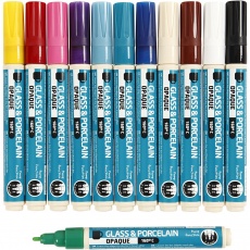 Glas- und Porzellanmalstift, Strichstärke 2-4 mm, Deckend, Sortierte Farben, 12 Stk/ 1 Pck