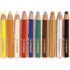 Woody 3-in-1 Buntstifte, L 11 cm, Dicke 16 mm, Mine 10 mm, Sortierte Farben, 10 Stk/ 1 Pck