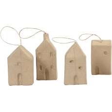 Pappmaché-Haus, H 9,5-12 cm, L 5,5-6,5 cm, B 3 cm, 4 Stk/ 1 Pck