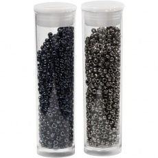 Rocailleperlen, D 1,7 mm, Größe 15/0, Lochgröße 0,5-0,8 mm, Schwarz, Metallic-Hellgrau, 2x7 g/ 1 Pck