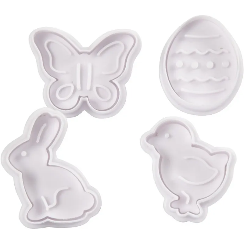 Ausstecher mit Stempelgriff, Osterei, Häschen, Küken, Schmetterling, H 5 cm, Weiß, 4 Stk/ 1 Pck