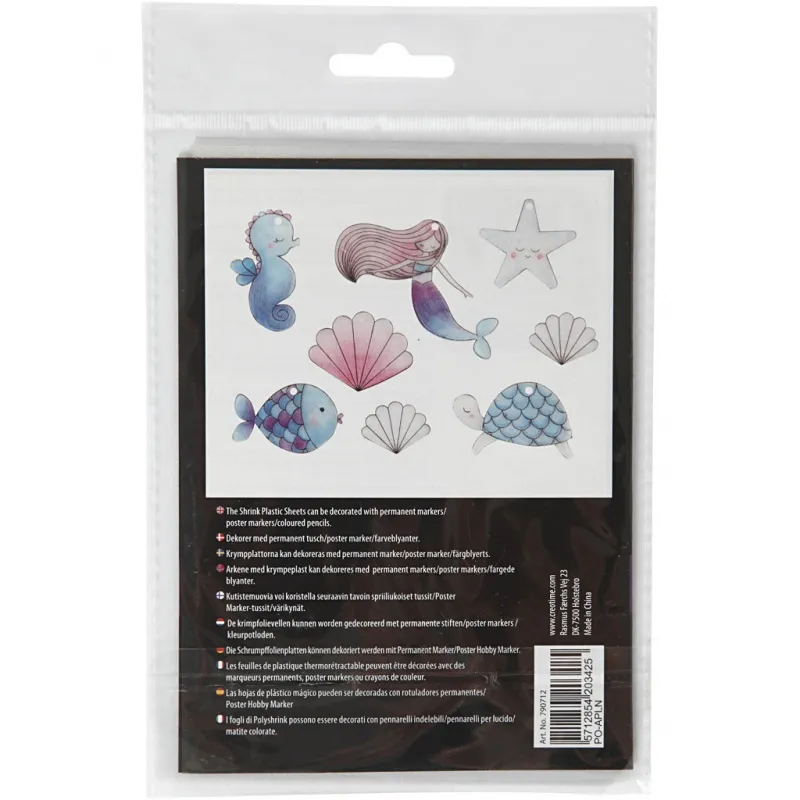Schrumpffolie mit Motiven, Meerjungfrau, Blatt 10,5x14,5 cm, Dicke 0,3 mm, Matt transparent, 4 Bl./ 1 Pck