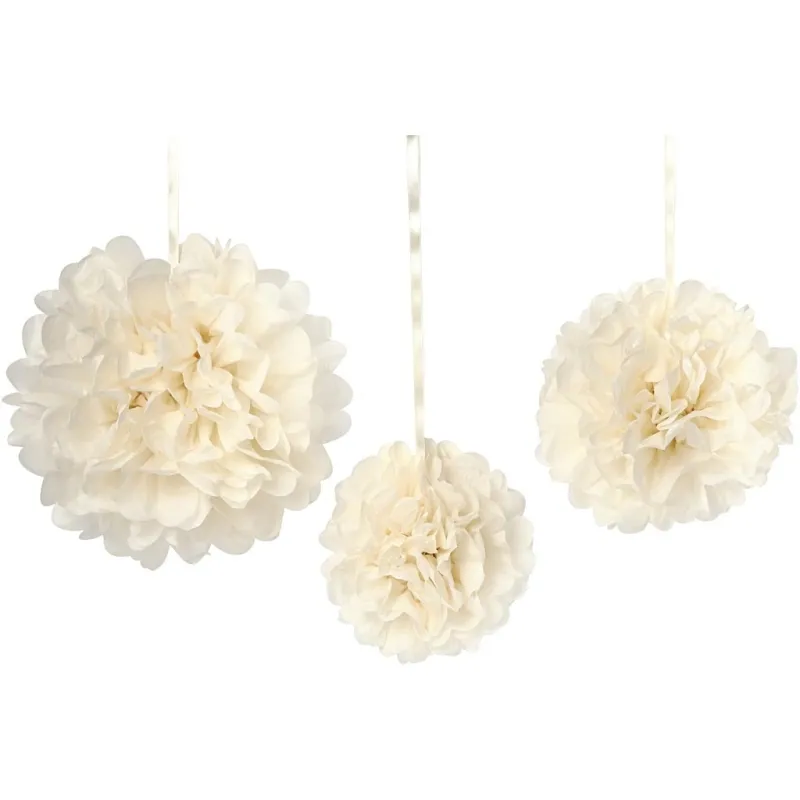Seidenpapier-Pompons, D 20+24+30 cm, 16 g, Naturweiß, 3 Stk/ 1 Pck