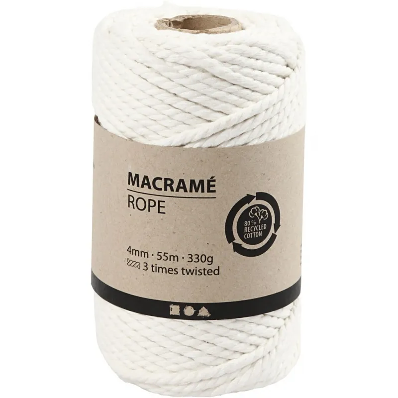 Makramée-Kordel, L 55 m, D 4 mm, Naturweiß, 330 g/ 1 Rolle