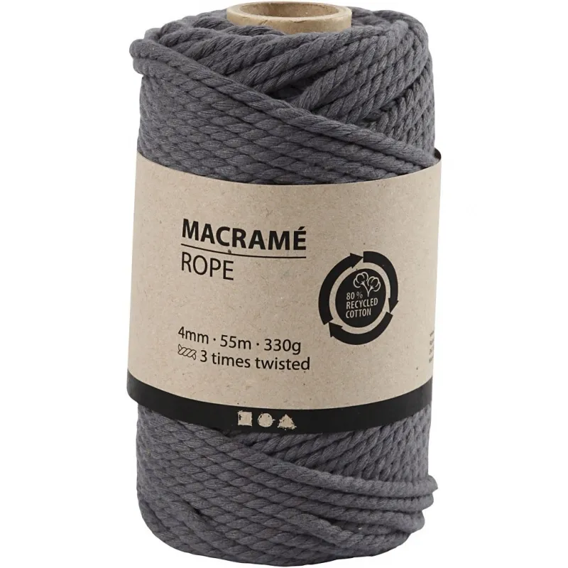 Makramée-Kordel, L 55 m, D 4 mm, Grau, 330 g/ 1 Rolle