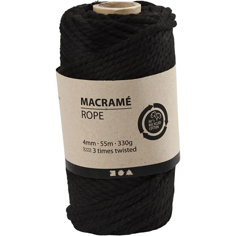 Makramée-Kordel, L 55 m, D 4 mm, Schwarz, 330 g/ 1 Rolle
