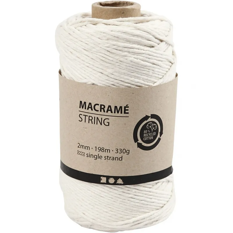 Makramée-Garn, L 198 m, D 2 mm, Naturweiß, 330 g/ 1 Rolle