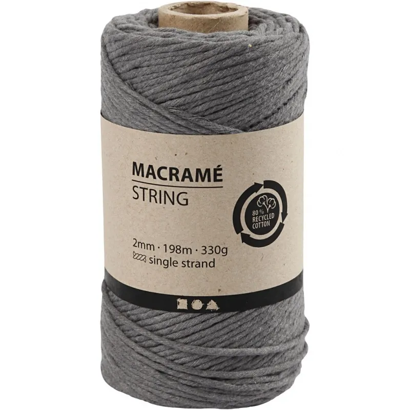 Makramée-Garn, L 198 m, D 2 mm, Grau, 330 g/ 1 Rolle