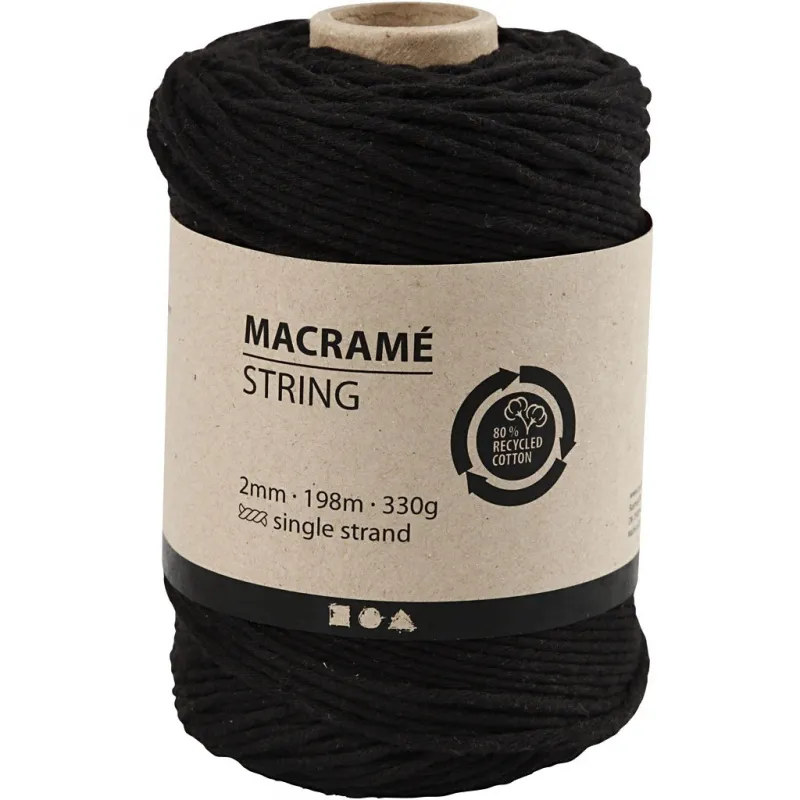 Makramée-Garn, L 198 m, D 2 mm, Schwarz, 330 g/ 1 Rolle