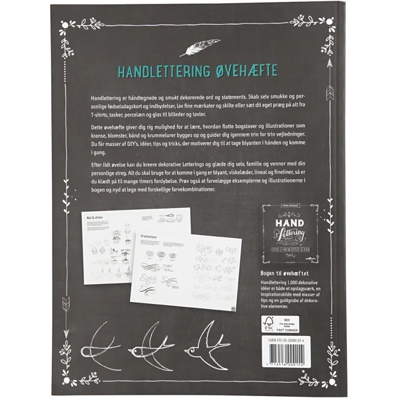 Übungsheft "Hand Lettering", Größe 21x28 cm, Dicke 1 cm, Anzahl der Seiten 63, 1 Stk, Dänischer Text