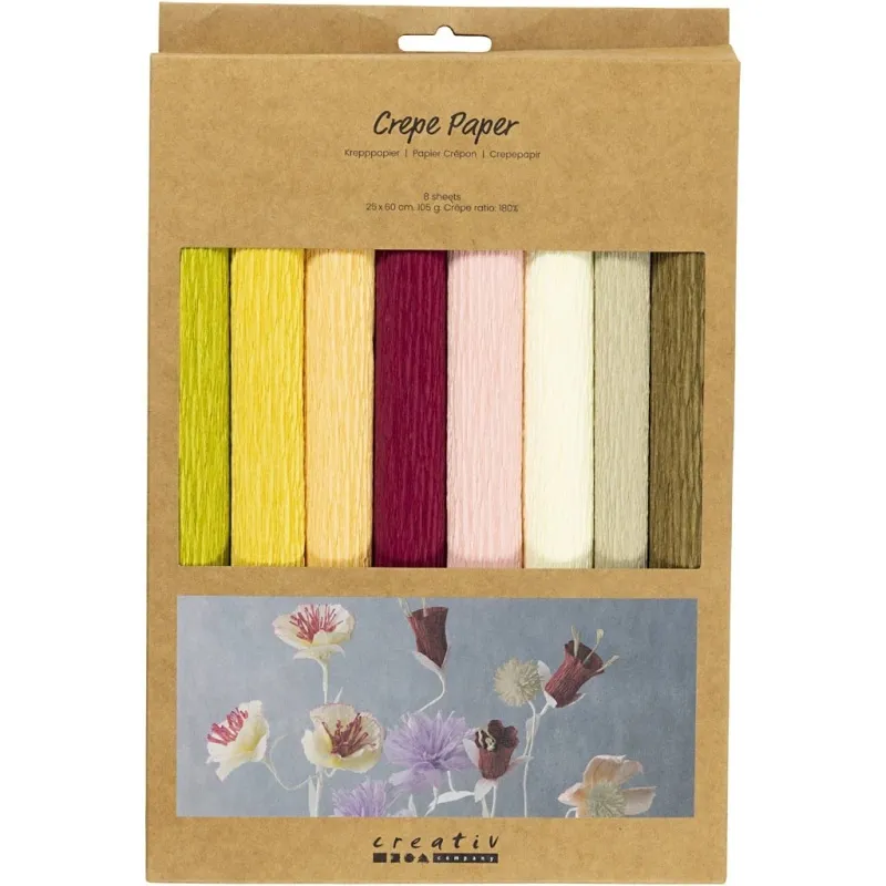 Krepppapier, Blatt 25x60 cm, Kreppanteil: 180%, 105 g, sanfte, dezente Farben, 8 Bl./ 1 Pck