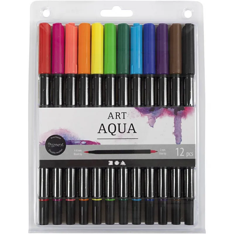 Aquarell-Filzstifte, Strichstärke 2+4-8 mm, Standard-Farben, 12 Stk/ 1 Pck