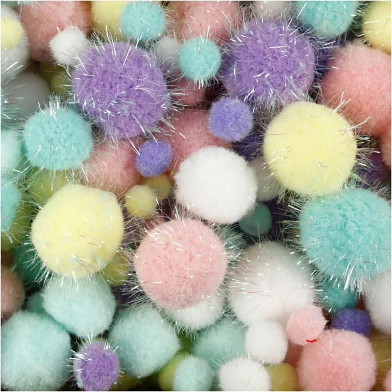 Pompons, D 15-40 mm, Glitter, ca. 400 Stk, Pastellfarben, 400 g/ 1 Pck