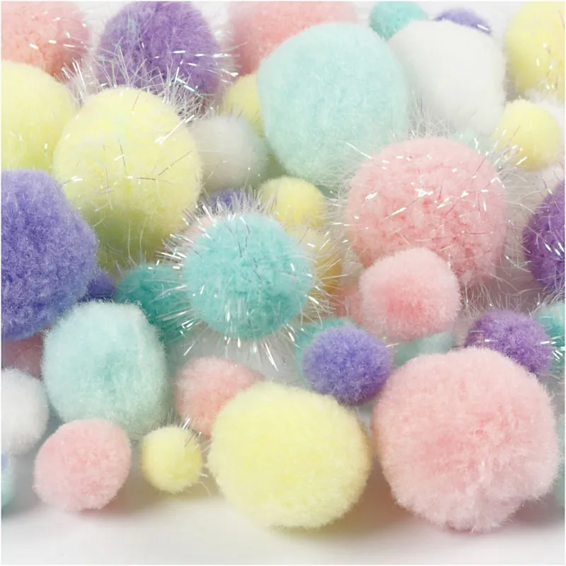 Pompons, D 15-40 mm, Glitter, ca. 400 Stk, Pastellfarben, 400 g/ 1 Pck