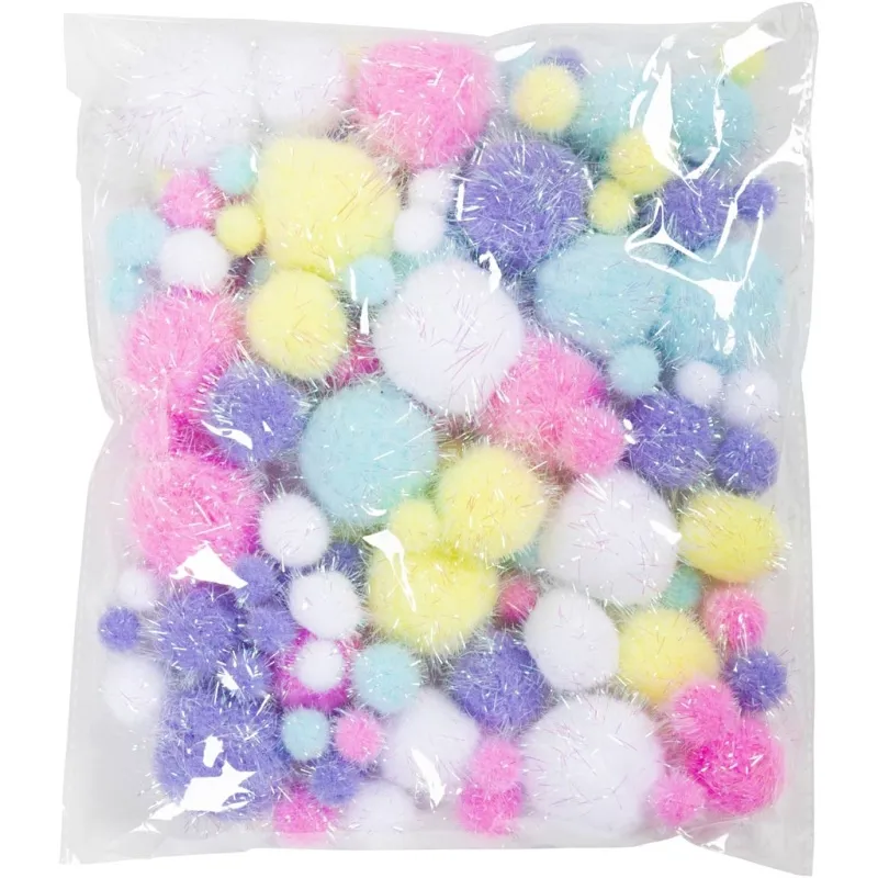 Pompons, D 15-40 mm, Glitter, ca. 75 Stk, Pastellfarben, 62 g/ 1 Pck