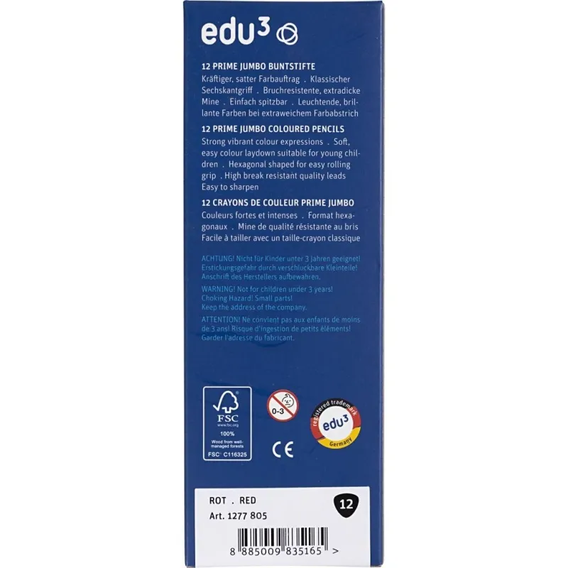 edu3 Jumbo-Buntstifte, Dicke 10 mm, Mine 6,25 mm, Dunkelrot, 12 Stk/ 1 Pck