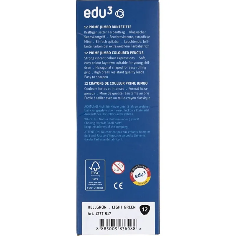 edu3 Jumbo-Buntstifte, Dicke 10 mm, Mine 6,25 mm, Hellgrün, 12 Stk/ 1 Pck