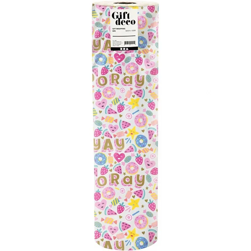 Geschenkpapier, Süßigkeiten, Früchte und Donuts, B 50 cm, 80 g, Helltürkis, 100 m/ 1 Rolle