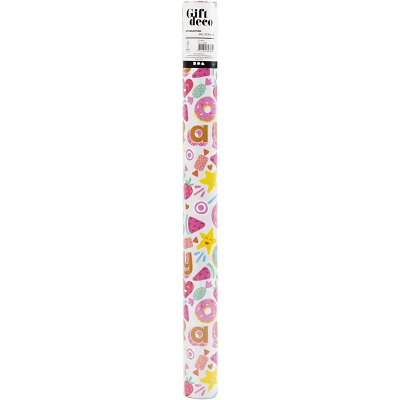 Geschenkpapier, Süßigkeiten, Früchte und Donuts, B 50 cm, 80 g, 5 m/ 1 Rolle