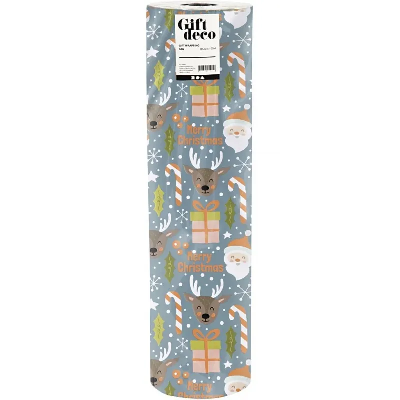Geschenkpapier, Weihnachtsmann, Weihnachtsgeschenk, Lutscher, Rentier, B 50 cm, 80 g, Grau, 100 m/ 1 Rolle