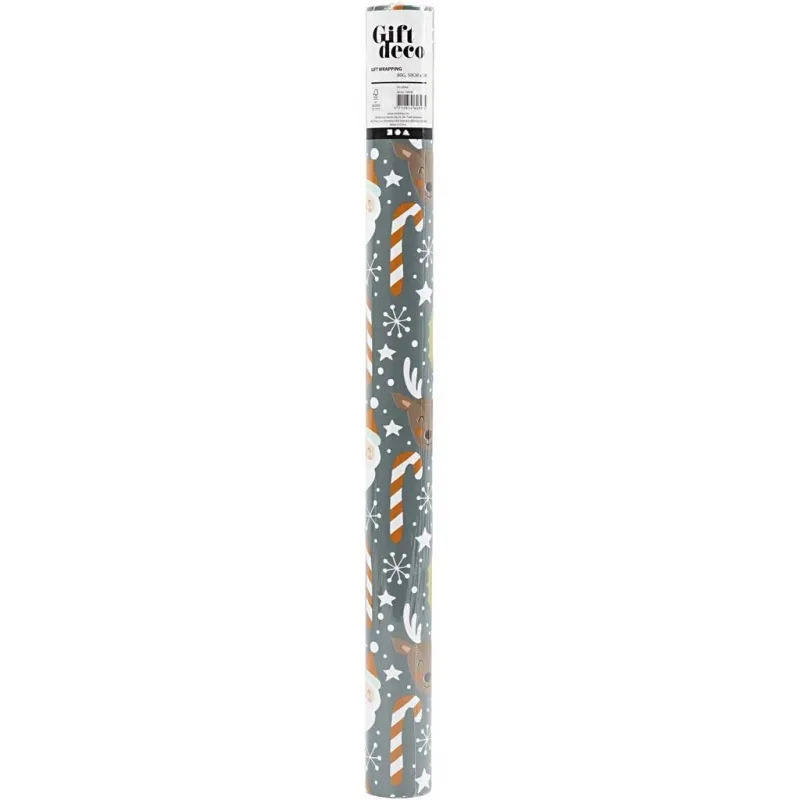 Geschenkpapier, Weihnachtsmann, Weihnachtsgeschenk, Lutscher, Rentier, B 50 cm, 80 g, Grau, 5 m/ 1 Rolle