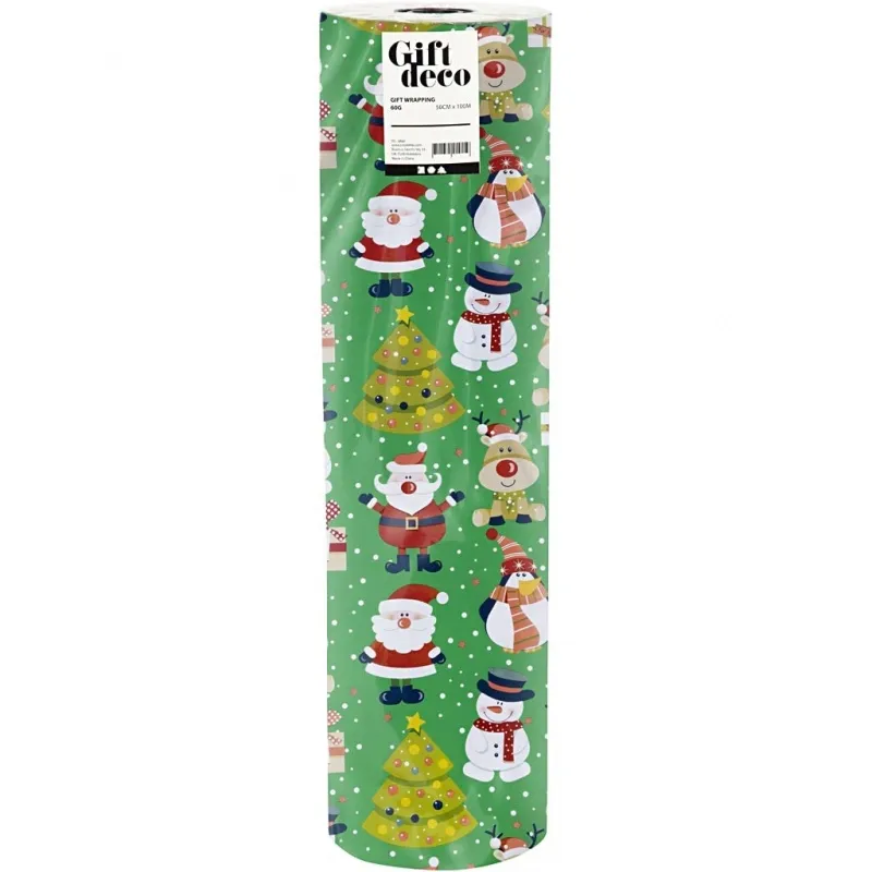 Geschenkpapier, Weihnachtsmann, Weihnachtsbaum, Weihnachtsgeschenk, Rentier, Schneemann und Pinguin, B 50 cm, 80 g, Grün, 100 m/ 1 Rolle