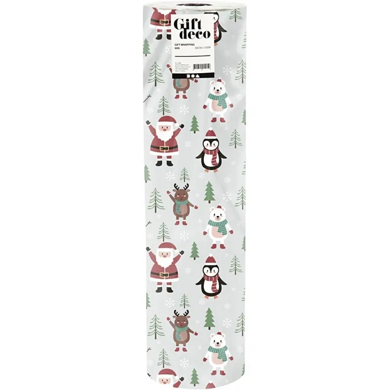 Geschenkpapier, Weihnachtsmann, Schneemann, Rentier, Eisbär und Pinguin, B 50 cm, 80 g, Arktisblau, 100 m/ 1 Rolle