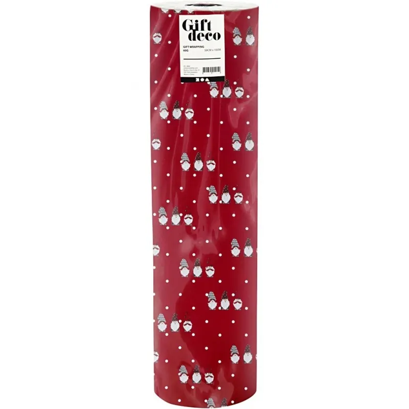 Geschenkpapier, Skandinavischer Weihnachtszwerg, B 50 cm, 80 g, Rot, 100 m/ 1 Rolle