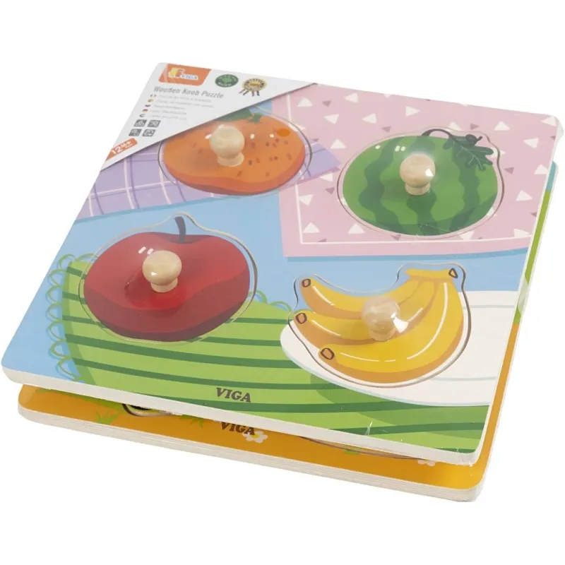 VIGA Laubsäge-Puzzle aus Holz mit Griff, Obst und Bauernhoftiere, Größe 22x22 cm, 2x4 Stücke, 2 Teile/ 1 Set