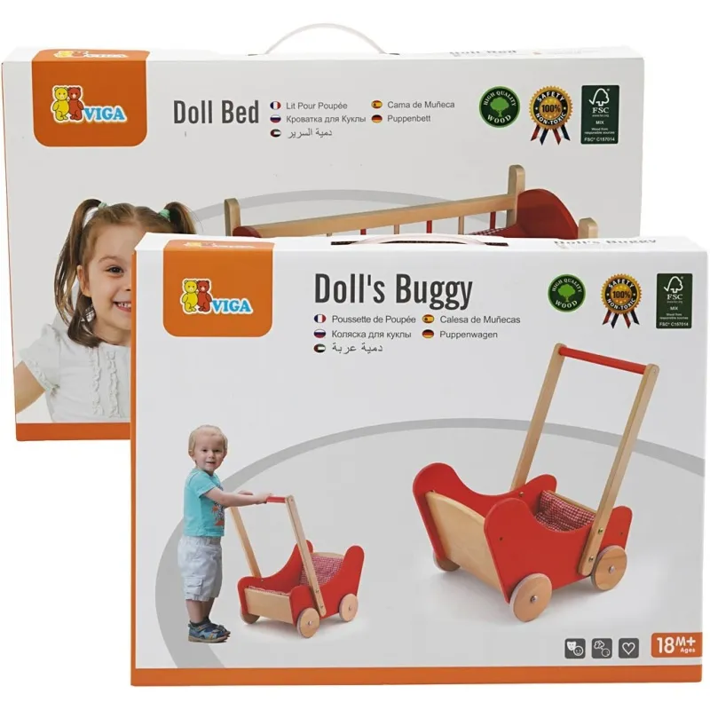 VIGA Puppenbett und Puppenwagen aus Holz, Rot, 2 Teile/ 1 Set