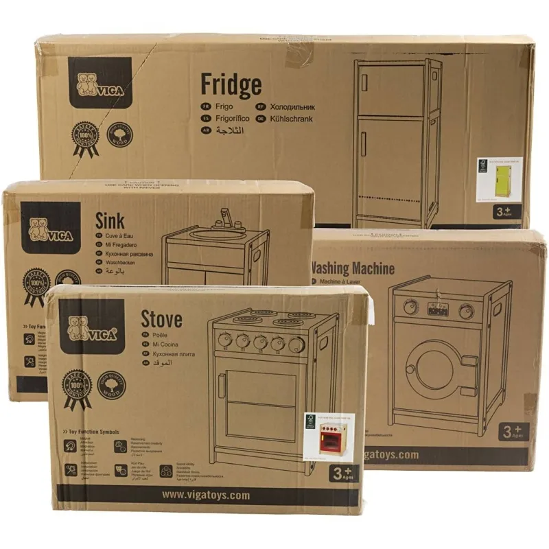 VIGA Spielküche aus Holz, H 54-92 cm, T 36 cm, B 160 cm, 4 Teile/ 1 Set