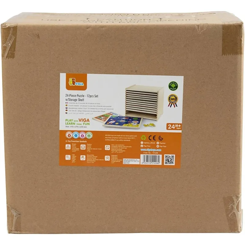 VIGA Puzzleschrank mit 12 Puzzles, H 275, L 315 mm, B 235 mm, Größe 31x27x23 cm, 12X24 Stücke, 12 Teile/ 1 Set