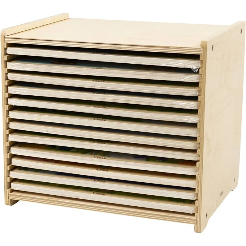 VIGA Puzzleschrank mit 12 Puzzles, H 275, L 315 mm, B 235 mm, Größe 31x27x23 cm, 12X24 Stücke, 12 Teile/ 1 Set