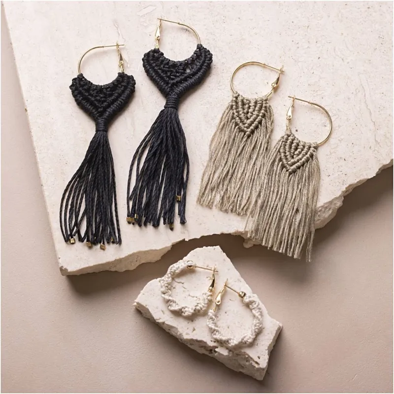 Mini Kreativ Set Makramée, Ohrringe, Schwarz, Olivbraun, Beige, 1 Pck