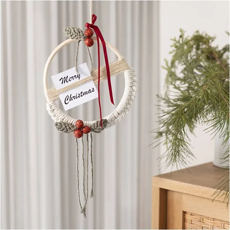Kreativ Set Makramée, Adventskranz, Moosgrün, Weihnachtsrot, Naturweiß, 1 Pck