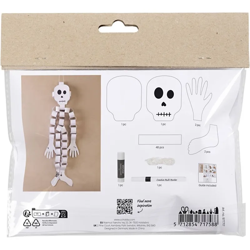 Mini Kreativ Set Papierdeko, Skelett, Schwarz/Weiß, 1 Pck