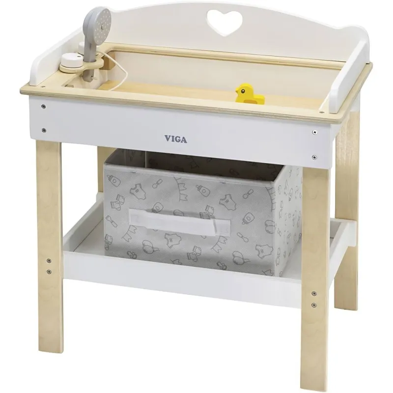 VIGA Puppen-Wickeltisch mit Badewanne, H 50 cm, L 54,5 cm, B 30 cm, 1 Stk