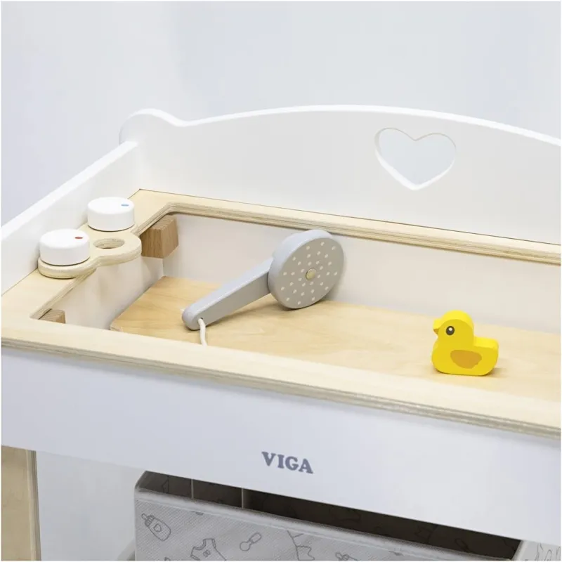 VIGA Puppen-Wickeltisch mit Badewanne, H 50 cm, L 54,5 cm, B 30 cm, 1 Stk